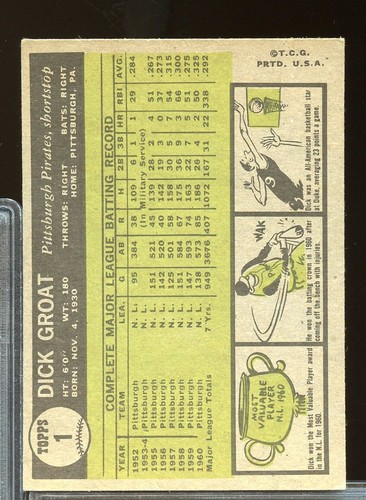 1961 Topps Baseball #1 Dick Groat - Picture 2 of 2