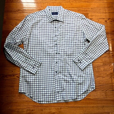 David Donahue Shirt Mens 2XL XXL Green Blue Plaid Check 100% Cotton Button-Up