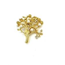 Vintage Gold Tone Tree of Life Brooch Pin Faux Pearl Rhinestone Accent
