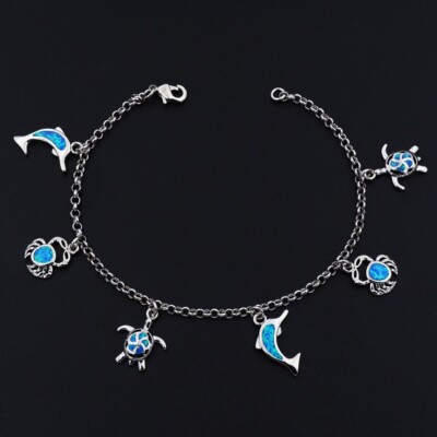Hawaii Blue Opal Ocean Cuff Bracelet 925 Sterling Sliver Jewelry For Women Girls