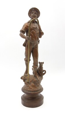 Handmade Copper Washed Man & Dog Statue with Wooden Base