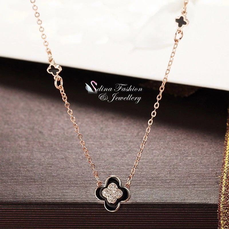 18K Rose Gold Filled Simulated Agate Cubic Zirconia Black 4 Leaf Clover Necklace - Image 4 of 4