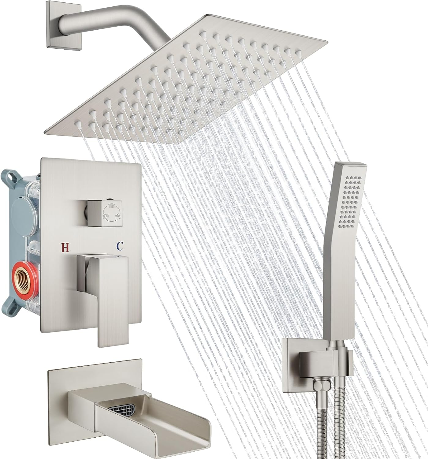 8 Inch Rain Shower System Tub Shower Faucet Set Square Rainfall Waterfall Shower