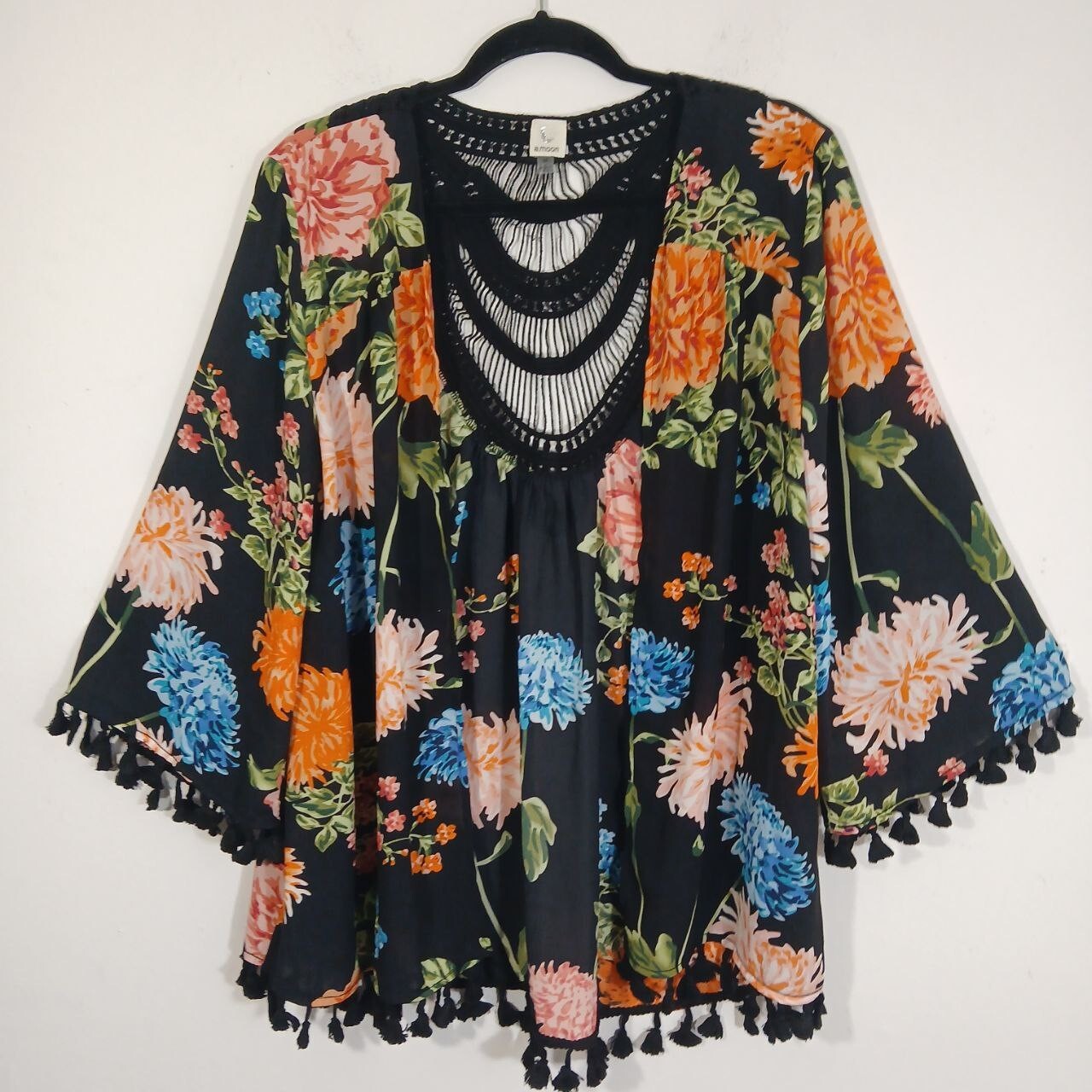 A Moon Women´s Kimono Black Large Floral Crochet Pom Pom Cardigan Boho Size M