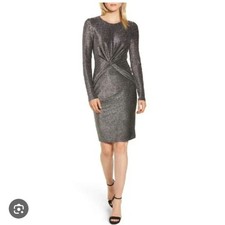 Michael Kors Silver Shimmer Twist Bodycon Long Sleeve Dress Women's Size M