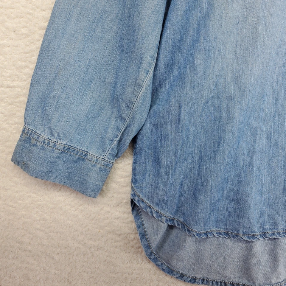 Top de mujer Chambray XL azul Henley Denim Pullover lengüeta enrollable Western Country Foto 2 de 4