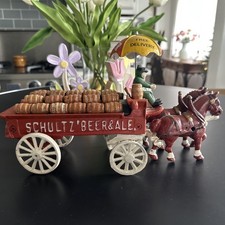 Vintage Schultz' Beer Ale Cast Iron Beer Wagon w/Horses Wooden Barrels