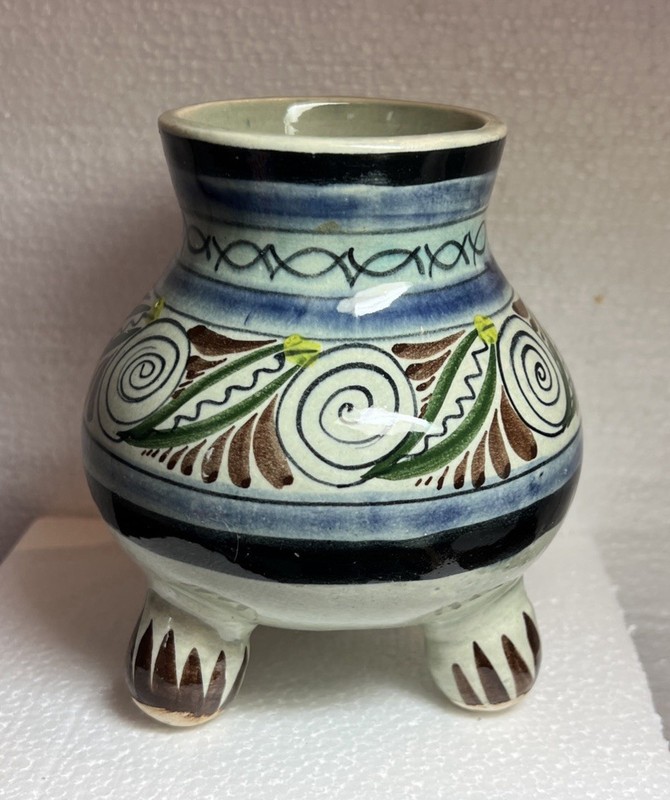 Tonala Pottery Vase Planter Mexico Footed Signed 3 Footed Handpainted 5" Tall