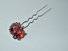 VINTAGE RED RHINESTONE SILVER TONE METAL HAIR STICK BUN FORK