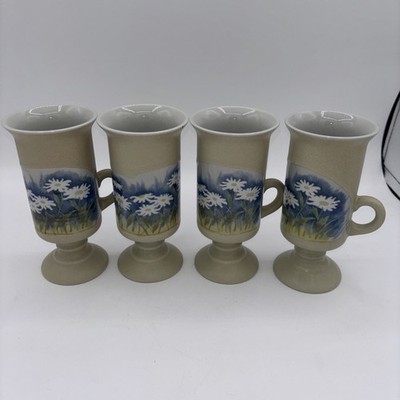 4 OTAGIRI TALL SLIM IRISH COFFEE TYPE STONEWARE  MUGS  W/ Daisies VINTAGE   NICE