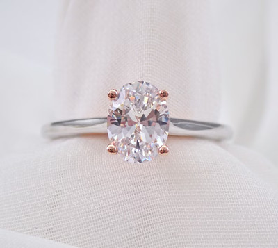 Real Moissanite 3Ct Oval Cut Solitaire Engagement Ring 14K Two Tone Gold Plated