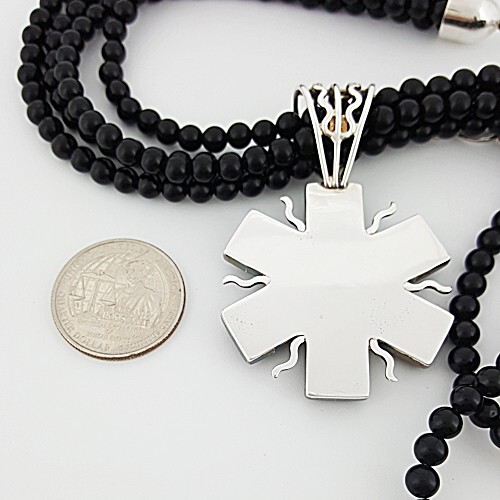 DRT 925 Sterling Silver Onyx Obsidian Opal Mosaic Sun Beaded Pendant Necklace - Picture 4 of 7