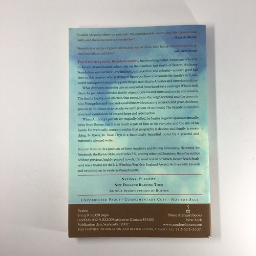 RARE-Uncorrected Proof 1st Ed of “IN REVERE, IN THOSE DAYS” By Roland Merullo - - Picture 2 of 10