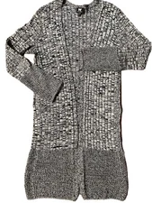 W By Worth Women's Cardigan Sweater Duster Black White Medium Marled Crochet Hem