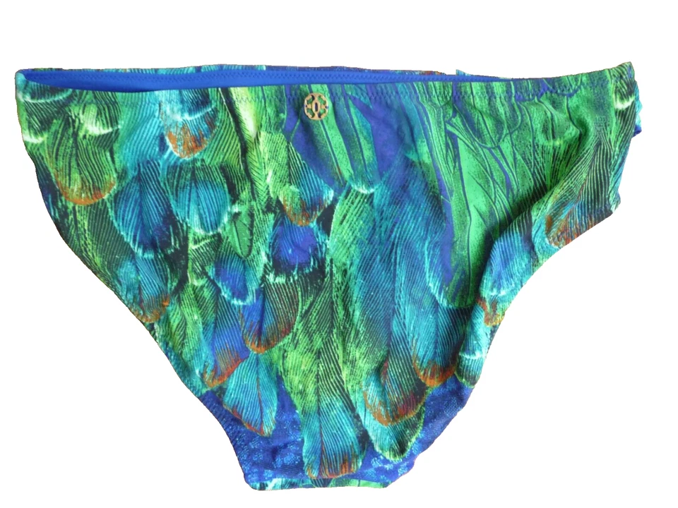 Braguitas de natación de bikini Natori XL NUEVAS CON ETIQUETAS estampado de plumas verde azulado azul Foto 2 de 3