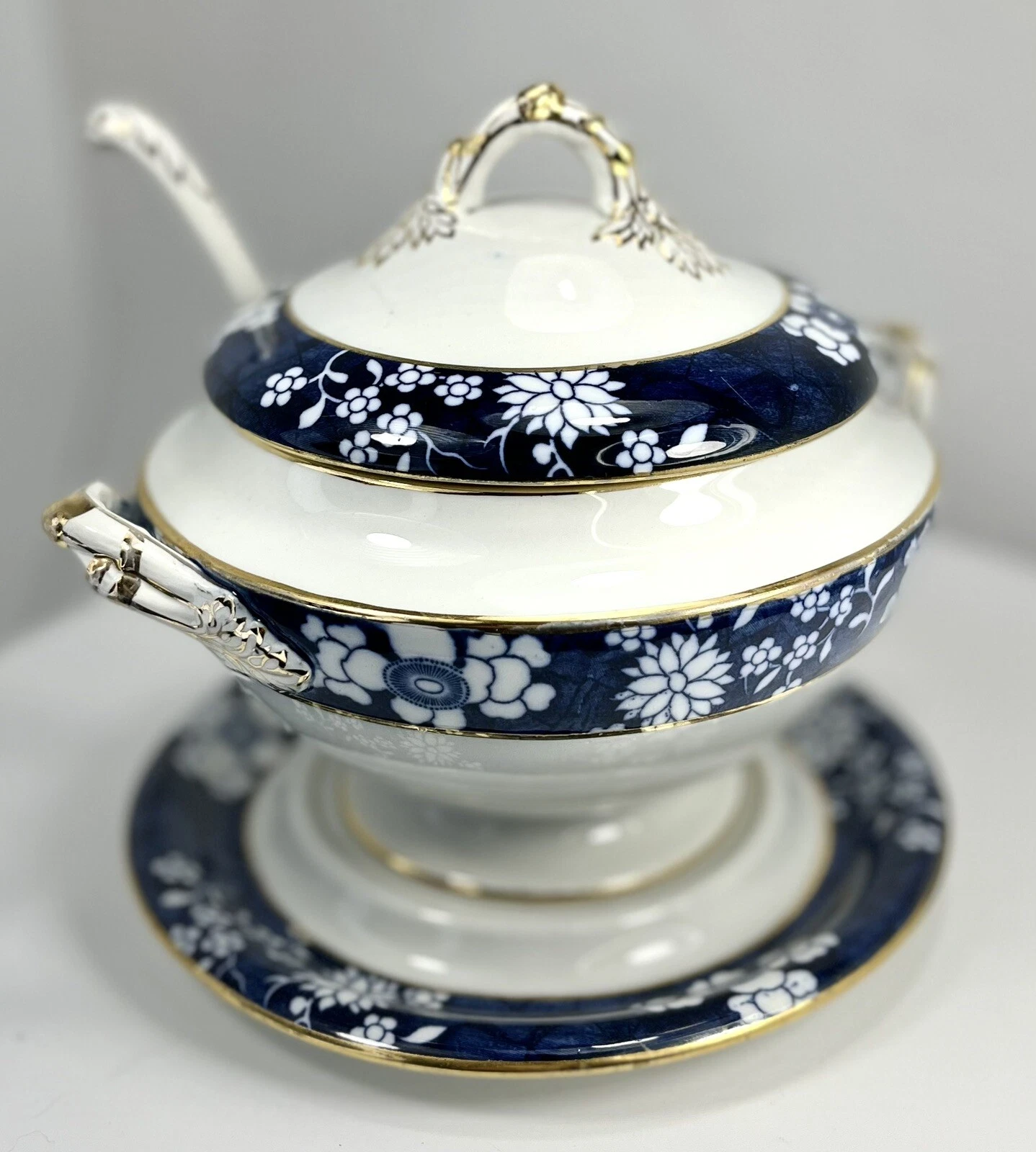 Copeland Spode Cracked Ice & Prunus Sauce Tureen, Lid, Under Plate, Ladle EUC