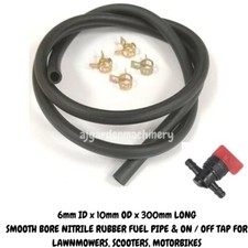 Lawnmower Petrol Pipe Fuel Line 6mm x 10mm x 300mm long + 4 Clips And Tap