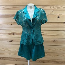 Vtg Victoria's Secret Gold Label Lingerie Set Small Green Lace Shirt Shorts B148