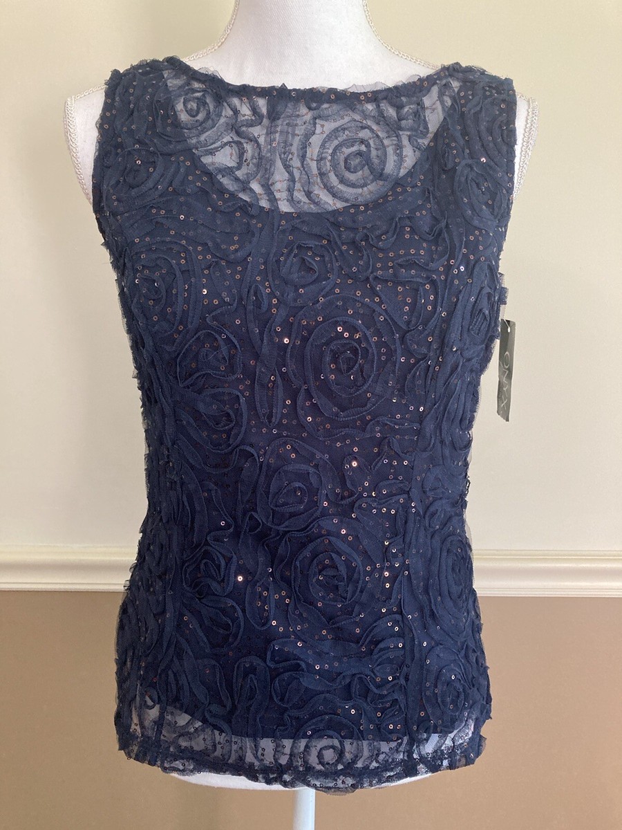 NEW Onyx Nite Tank Top SMALL Navy Blue Floral Sequin Glitzy