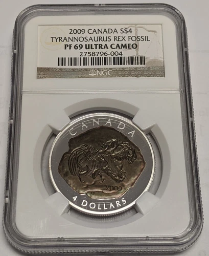 CANADA - NGC GRADED PF 69 UC TYRANNOSAURUS FOSSIL SILVER 4 DOLLARS 2009 - RARE