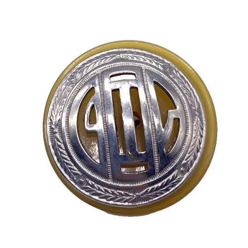 LARGE Vintage Bakelite Button Yellow Thick Silver Metal Overlay 1.25" - Picture 2 of 11