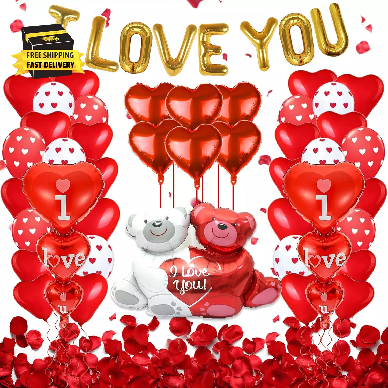 Valentines Day Balloons Decor 49 Pcs I Love You Balloons and Teddy Lovebear Red
