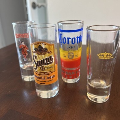 Shot Glasses Lot of 4 Alcohol Theme Corona Beefeater Sauza Barware Collectible