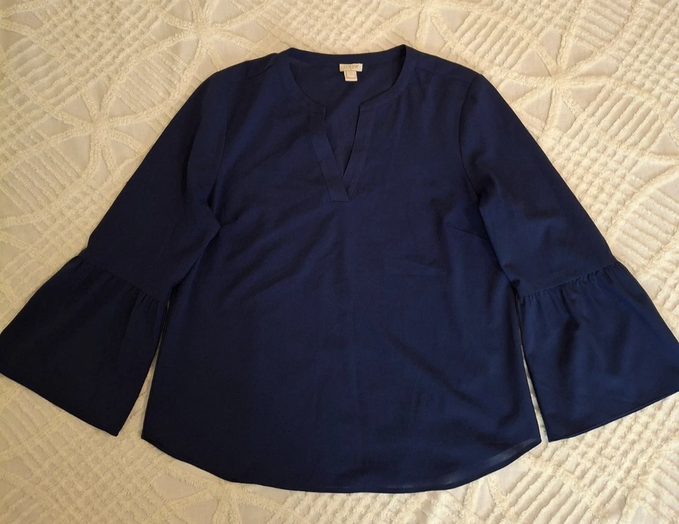Blusa para mujer J CREW talla grande azul de gasa mangas campana cuello en V top transparente Foto 4 de 4