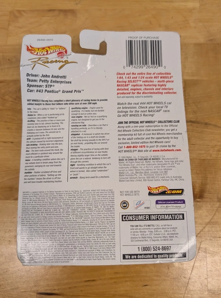 Hot Wheels John Andretti #43 STP NASCAR-2000 fundido a presión en paquete Foto 2 de 2