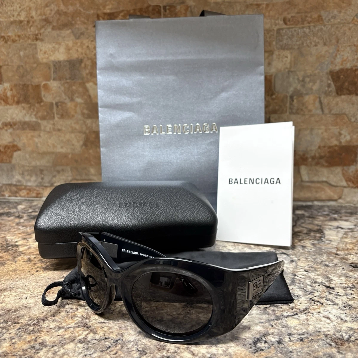 Balenciaga Glossy Black Round Sunglasses with Logo Temples.  
$400+ retail Amazon.com: Balenciaga Sunglasses Luxury Eyewear with Round  main image 3
