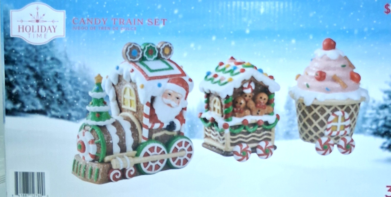 holiday time ceramic gingerbread  candy 3 piece train set New