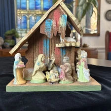 Vintage Nativity Set Attached 9 Figures Wood Creche Manger Scene Trimont Ware