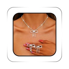 ACEDRE Rhinestone Bow Jewelry Set Silver Sparkly Crystal One Size, 1-Silver