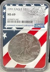 1991 $1 AMERICAN SILVER EAGLE NGC MS69 USA FLAG CORE HOLDER