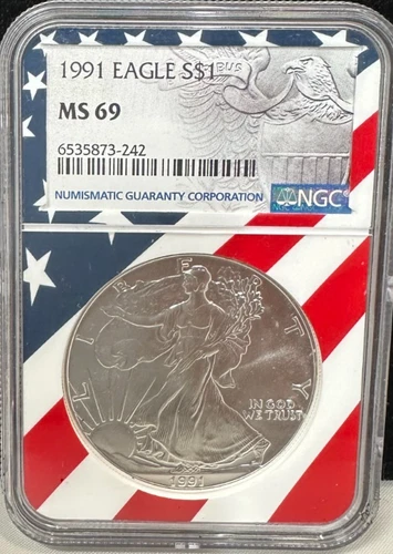 1991 $1 AMERICAN SILVER EAGLE NGC MS69 USA FLAG CORE HOLDER