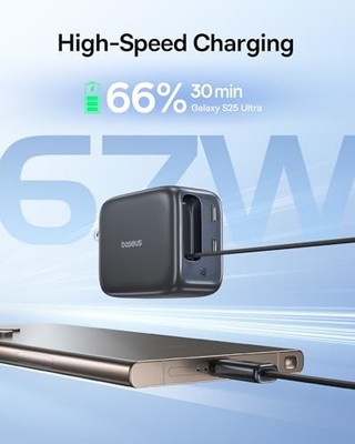 BASEUS RETRACTABLE USB C CHARGER, 67W 3 IN 1 FAST CHARGING, ENERCORE - BLK