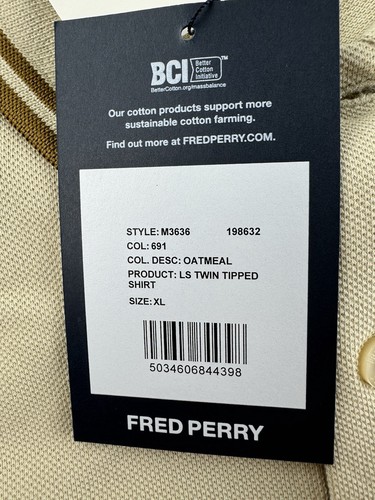 Fred Perry Shirt Men's XL Oatmeal Twin Tipped Long Sleeve Polo M3636 NWT - Picture 10 of 12