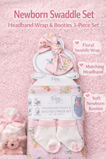 Newborn Baby Swaddle Set Floral Wrap  Headband  Booties Gift Set Girl Pink