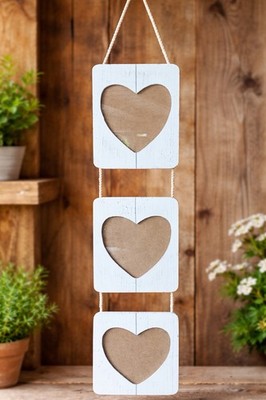 Photo Frame Multi Pictures 3x Wall Hanging Shabby Chic rope, heart-shaped insets