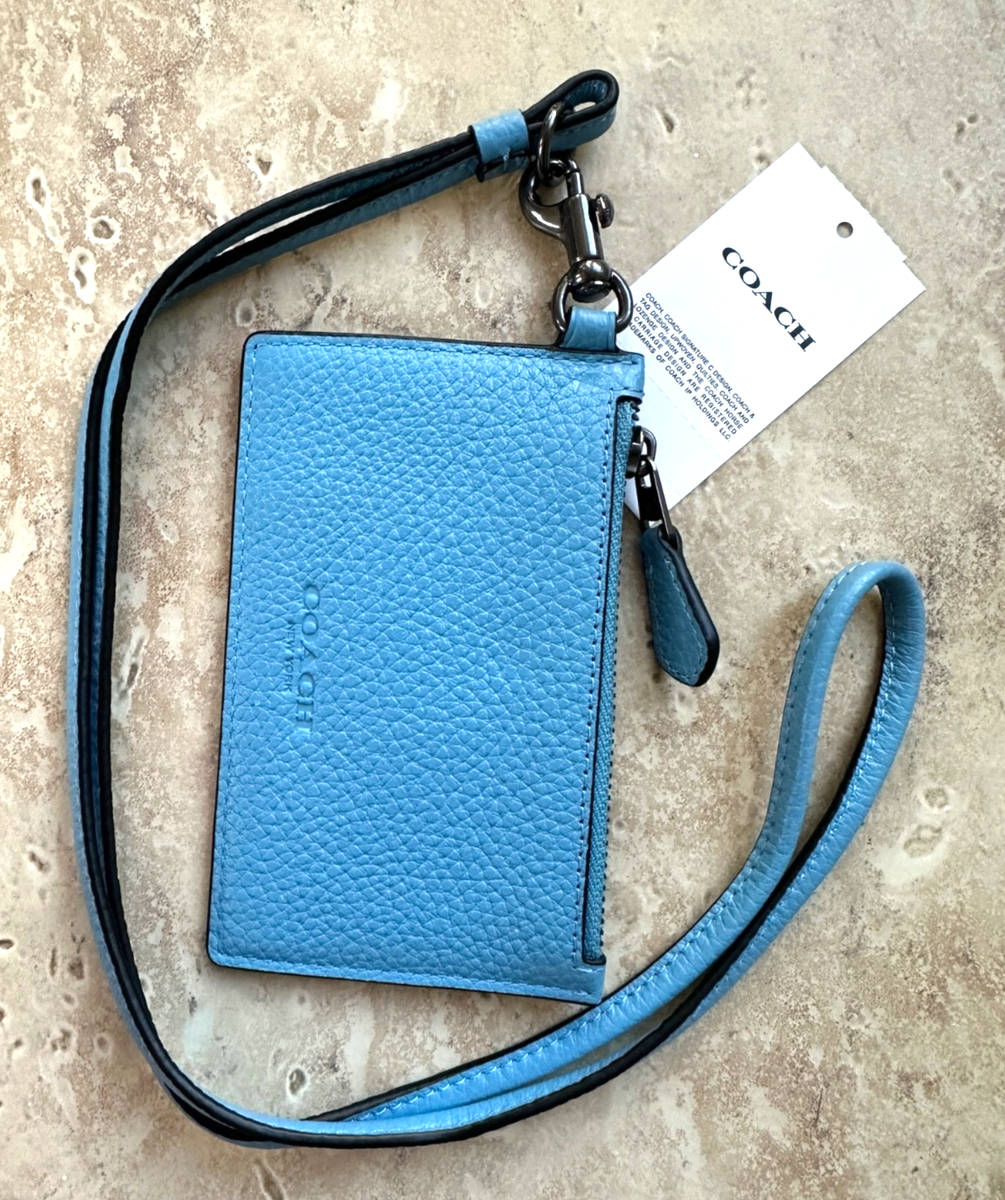 COACH ZIP LANYARD CARD CASE IN LEATHER:NWT POOL or BOLD RED CAJ45