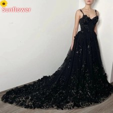 Elegant Black Wedding Dresses Spaghetti Straps Lace 3D Flower Court Train Gowns