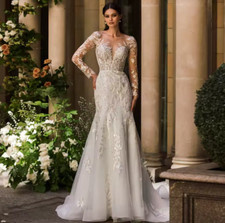 Mermaid Wedding Dresses Scoop Neck Long Sleeves Lace Applique Sweep Train
