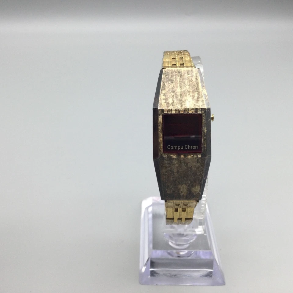 Vtg Compu Chron Watch Women Digital 20mm Gold Tone Red LED 1970's New Battery 6" - Image 2 of 4