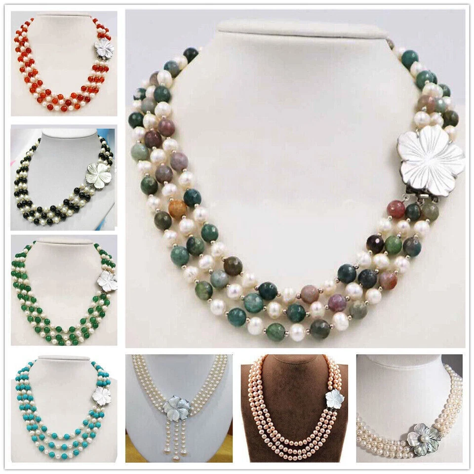 Collar 3 filas 7-8 mm perlas naturales 8 mm ágata/jade gemas cuentas concha flor broche Foto 2 de 4