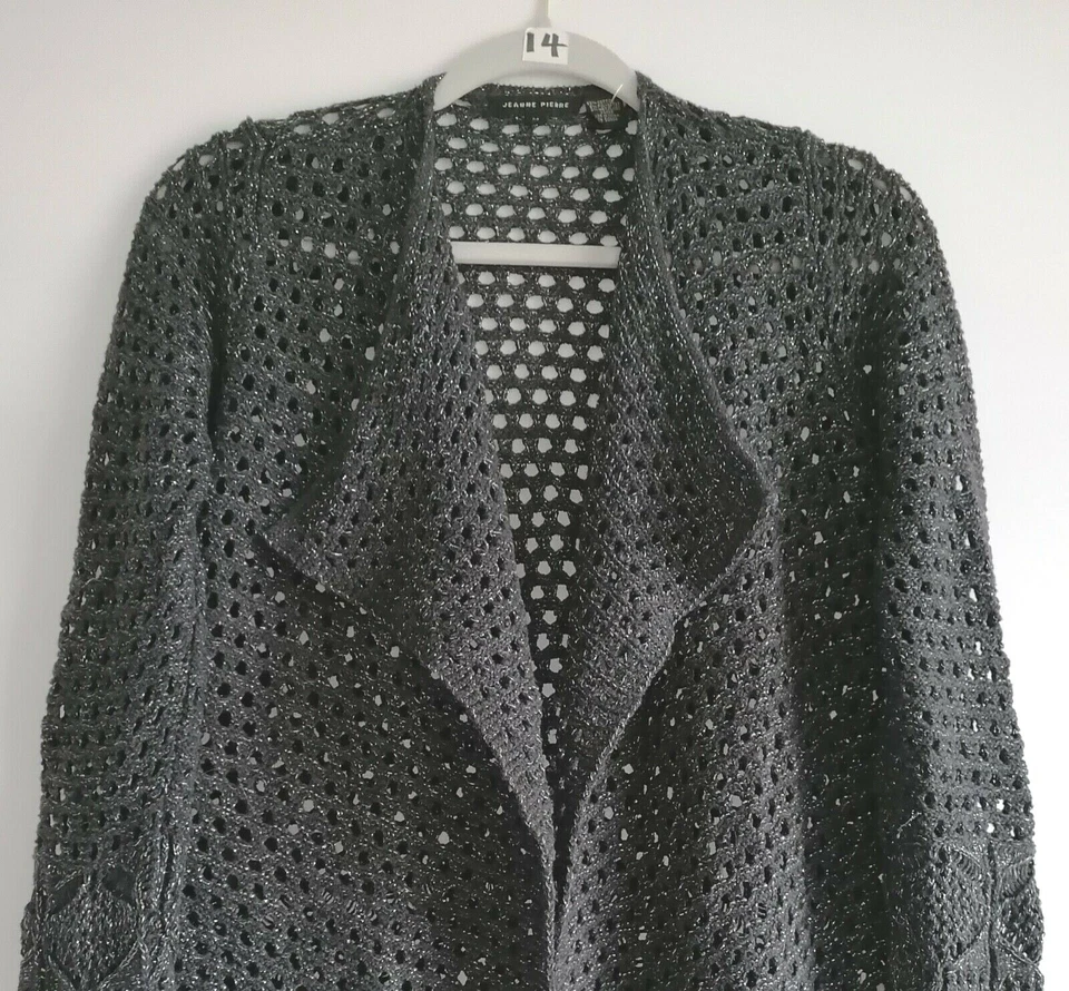 Cárdigan suéter tejido abierto delantero abierto gris Jeanne Pierre para mujer talla mediana Foto 3 de 4