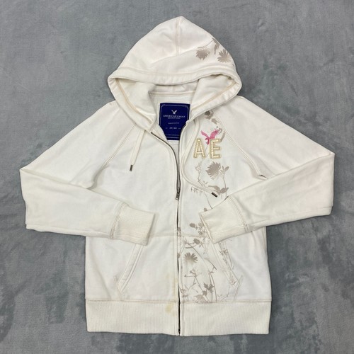 American Eagle Jacket/Sweatshirt Women Medium White Floral Full Zip Long Sleeve - Picture 1 of 12
