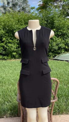 TORY BURCH BLACK ZIP BELT DETAILS STRETCH SLEEVELESS CASUAL DRESS Sz XS 