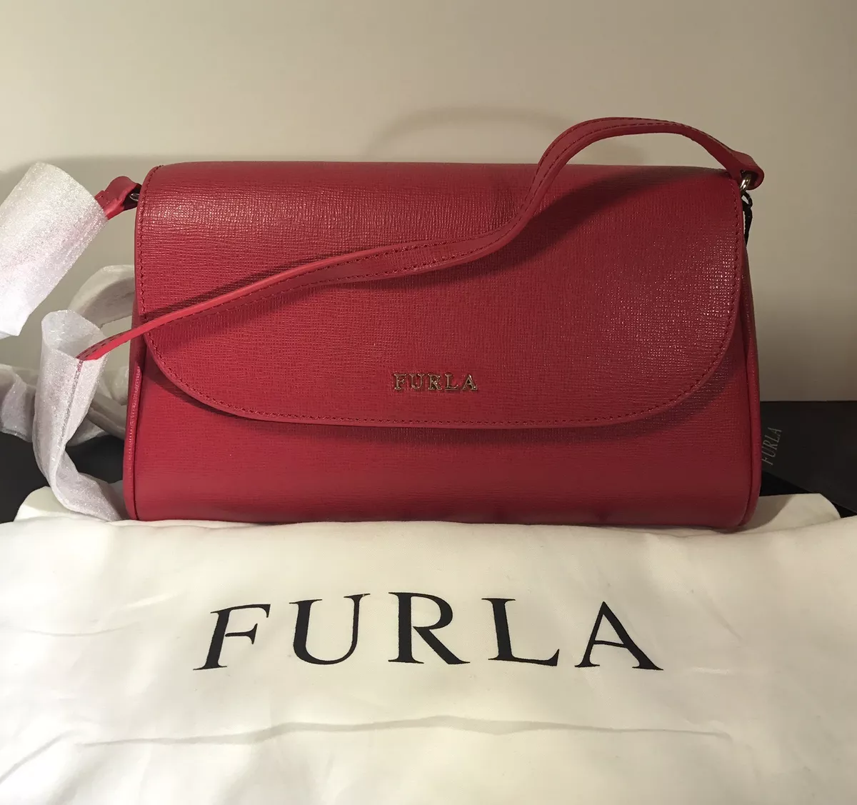 NWT Authentic FURLA Ladies Lilli Crossbody Bag Purse Clutch In Red Ruby Leather