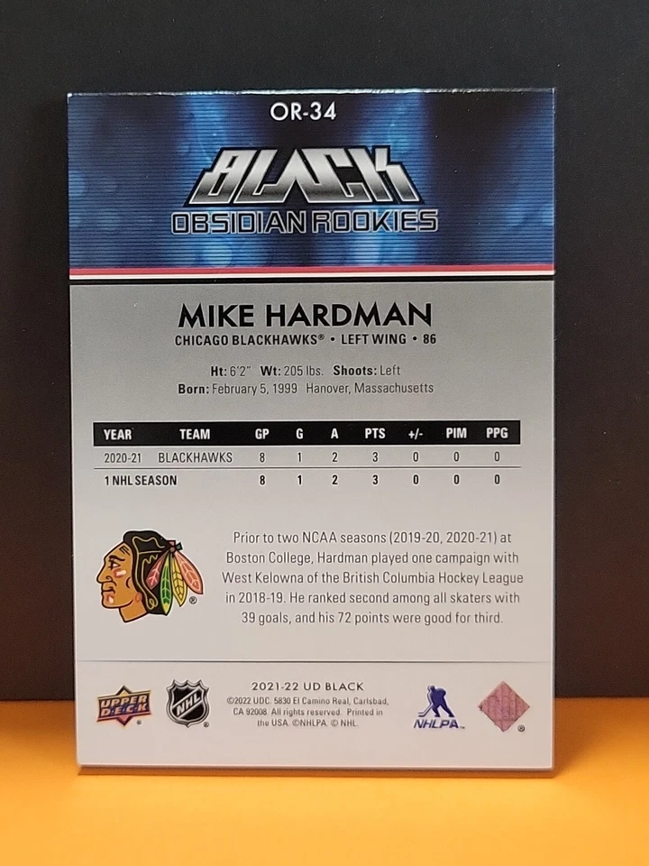 2021-22 UD Black MIKE HARDMAN RC  Obsidian Rookie Gold #'d 05/99 BLACKHAWKS 🔥  - Image 2 of 2