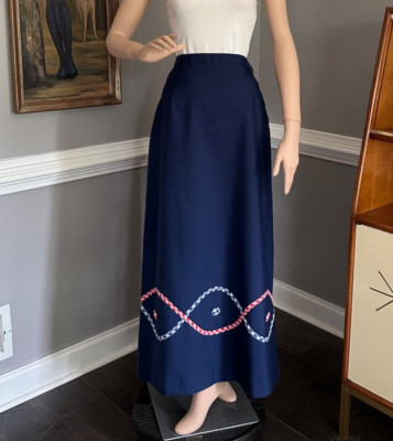 Vintage 1970s Novelty Nautical Maxi Skirt Navy Blue w/Gingham Trim